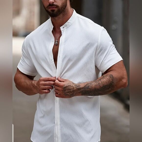 Men's Casual Solid Short Sleeve Button Up Stand Collar Shirt, Men's size 2XL - Picture 2 of 6